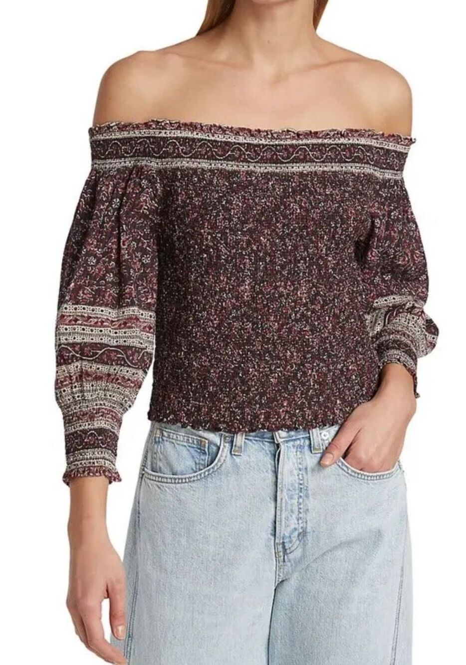 VERONICA BEARD Rosalinda Smocked Off-The-Shoulder Top in Dark Plum Multi NWT Siz